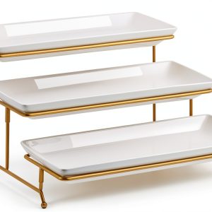 YHOSSEUN 3 Tier Ceramic Serving Tray Gold Stand for Elegant-0