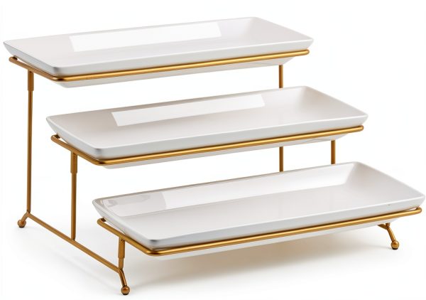 YHOSSEUN 3 Tier Ceramic Serving Tray Gold Stand for Elegant-0
