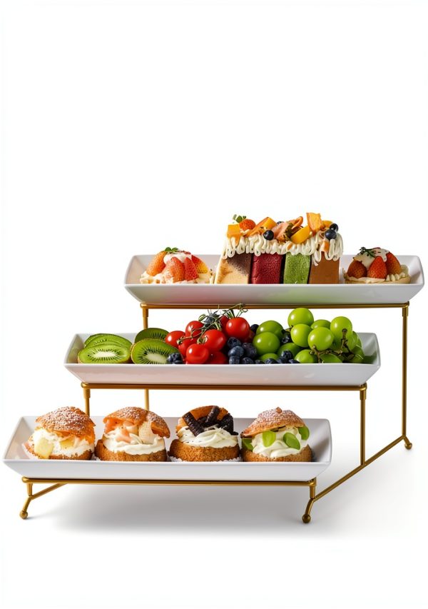 YHOSSEUN 3 Tier Ceramic Serving Tray Gold Stand for Elegant-2