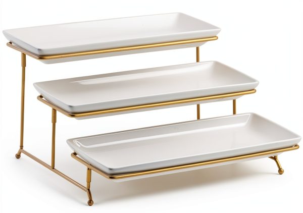 YHOSSEUN 3 Tier Ceramic Serving Tray Gold Stand for Elegant-1