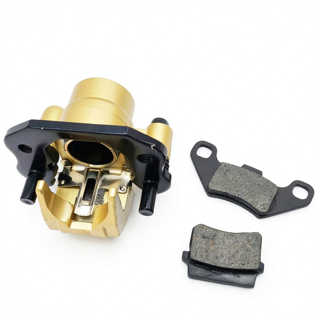 Installing QYMOTO KT196 Brake Caliper for Coleman 196cc Go Kart Hydraulic Rear Brake Caliper on a wooden workbench