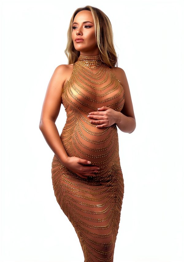 Dedysler Maternity Photography Gown Sleeveless Sexy Shiny Rhinestone Photoshoot Dress for Baby Shower-2
