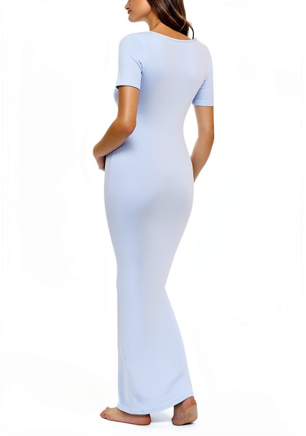 Peauty Maternity Square Neck Bodycon Dress Ribbed Maxi Maternity Dress Photoshoot Short Sleeve Baby Shower Dress-4