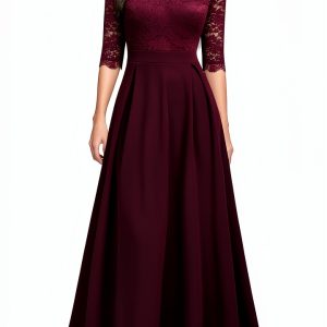 Women's V Neck Lace Vintage Formal Bridesmaid Wedding Long Dress-0