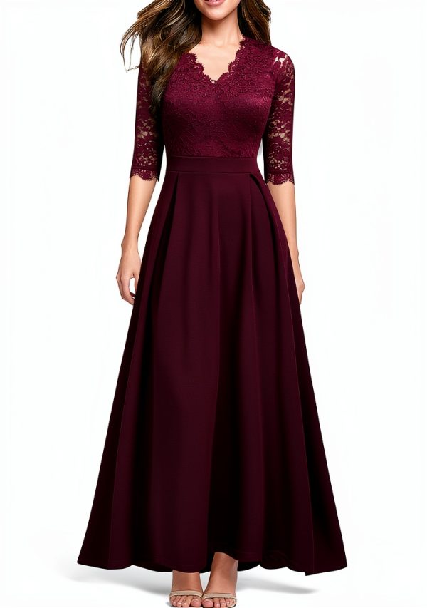 Women's V Neck Lace Vintage Formal Bridesmaid Wedding Long Dress-0