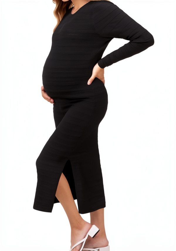 OUGES Womens 2025 Fall Maternity Dress Long Sleeve Crewneck Side Slit Midi Dress Bodycon Knit Sweater Dress-0