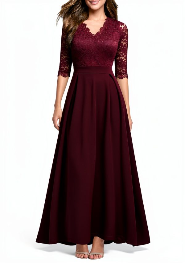 Women's V Neck Lace Vintage Formal Bridesmaid Wedding Long Dress-1
