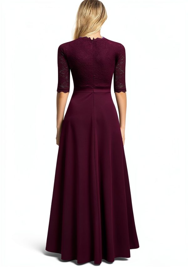 Women's V Neck Lace Vintage Formal Bridesmaid Wedding Long Dress-2