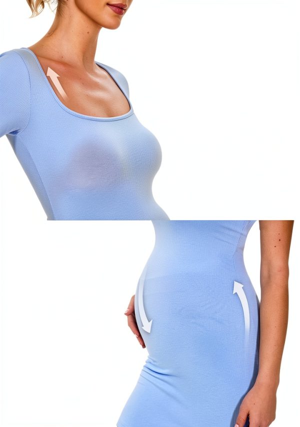 Peauty Maternity Square Neck Bodycon Dress Ribbed Maxi Maternity Dress Photoshoot Short Sleeve Baby Shower Dress-3