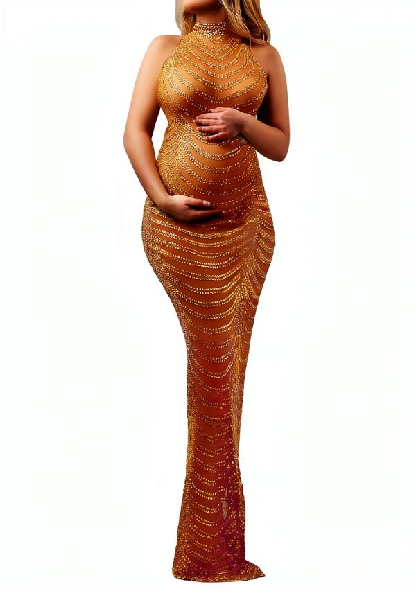 Dedysler Maternity Photography Gown Sleeveless Sexy Shiny Rhinestone Photoshoot Dress for Baby Shower-0