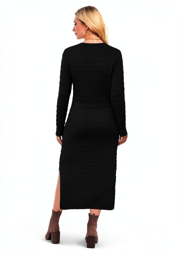 OUGES Womens 2025 Fall Maternity Dress Long Sleeve Crewneck Side Slit Midi Dress Bodycon Knit Sweater Dress-5