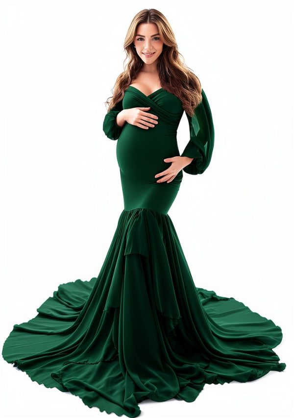 Saslax Long Chiffon Sleeve Tired Mermaid Maternity Dress for Photoshoot Photography Baby Shower-7