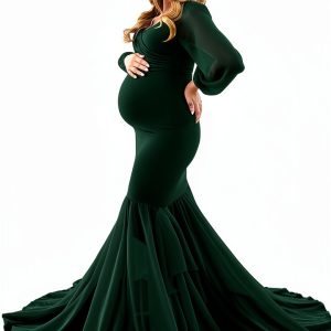 Saslax Long Chiffon Sleeve Tired Mermaid Maternity Dress for Photoshoot Photography Baby Shower-0