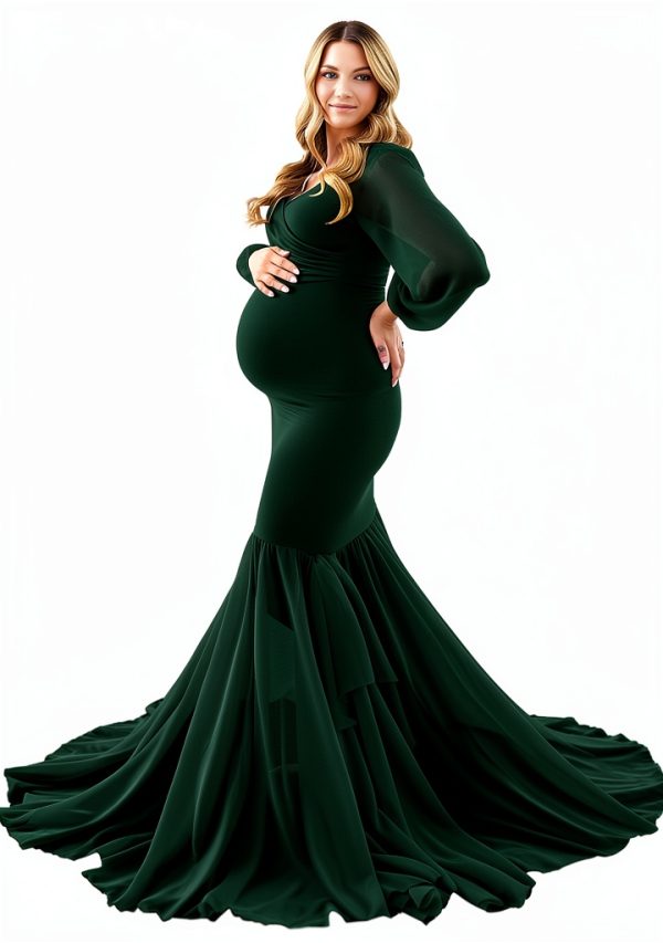 Saslax Long Chiffon Sleeve Tired Mermaid Maternity Dress for Photoshoot Photography Baby Shower-0
