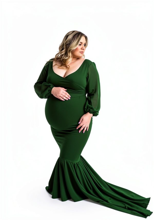 Saslax Long Chiffon Sleeve Tired Mermaid Maternity Dress for Photoshoot Photography Baby Shower-3