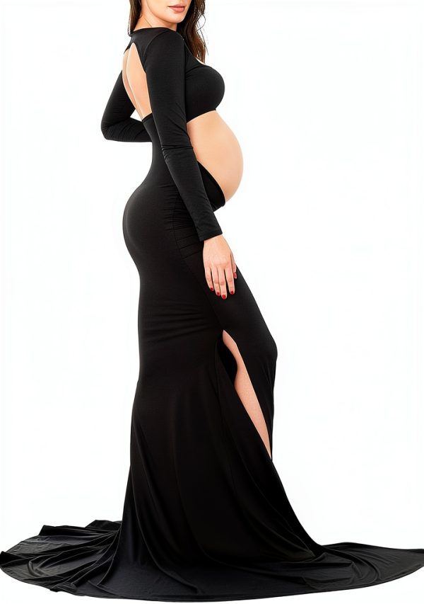 Bhome Maternity Dress Cut-Out Backless Side Split Maxi Gown for-0