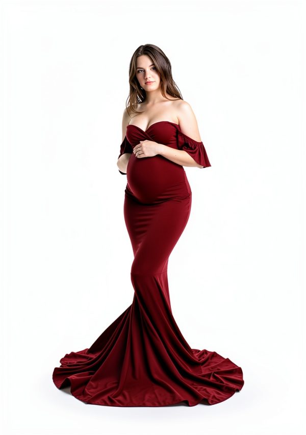 Saslax Off Shoulder Ruffle Sleeve Maternity Maxi Dress for Photoshoot-5