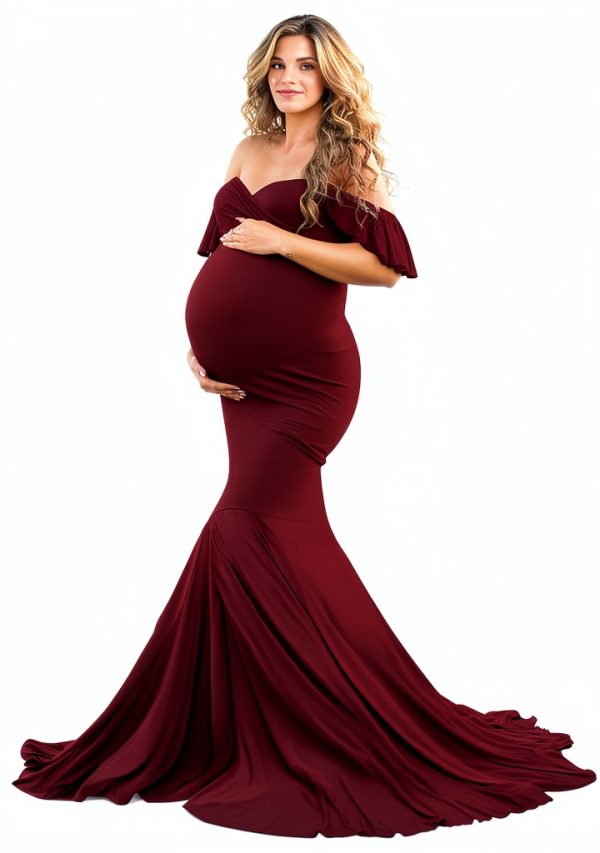 Saslax Off Shoulder Ruffle Sleeve Maternity Maxi Dress for Photoshoot-8