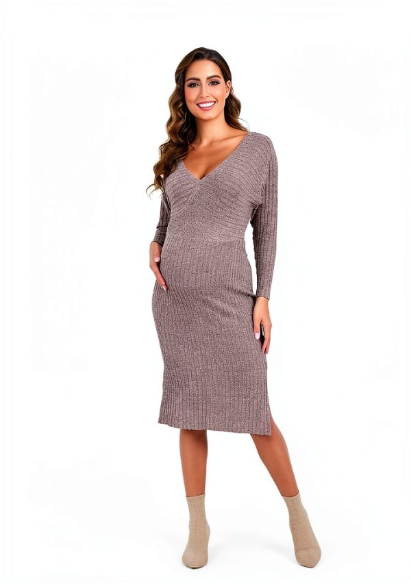 Wrap V Neck Maternity Sweater Dress Rib Knit Batwing Open Back Slit-4