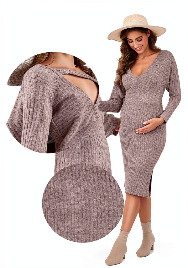 Wrap V Neck Maternity Sweater Dress Rib Knit Batwing Open Back Slit-3